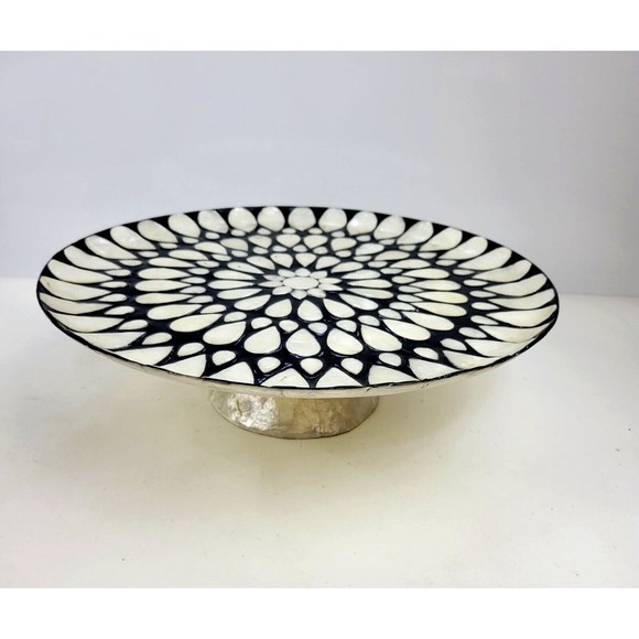 Capiz Shell Pedestal Cake Stand Plate Decorative Flower Inlay Black Ivory 13" - Picture 3 of 15